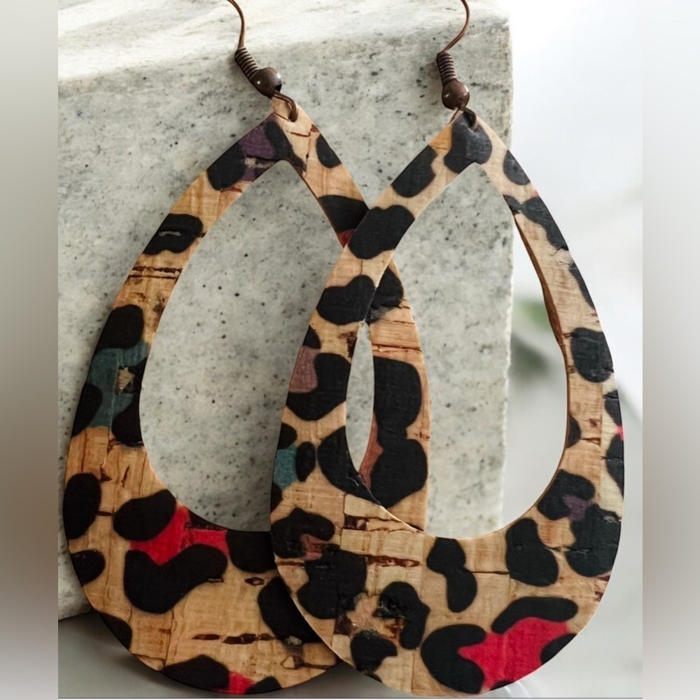 Cork Leopard Teardrop Earrings 2.5”